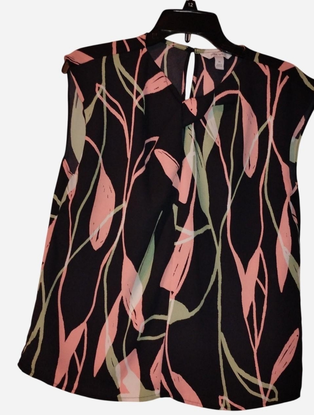 Nine West Twist Neck Sleeveless Blouse Medium Abstract Floral Navy Pink Sage
